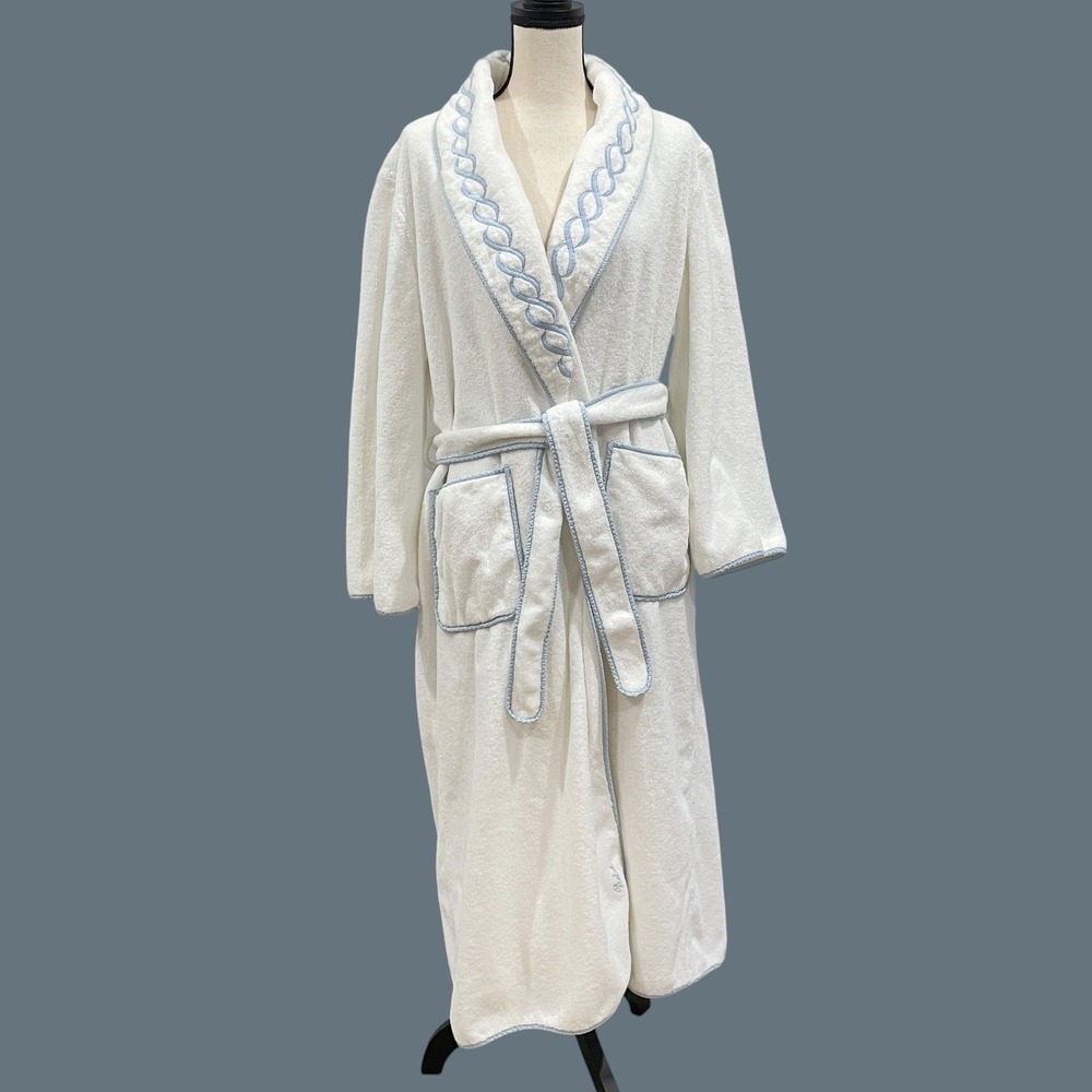 Pratesi Treccia White Egyptian Cotton Terry Robe Blue Chain Embroidery Womens M